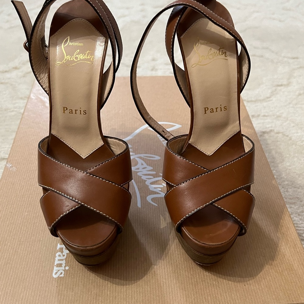 Christian Louboutin Brown Leather Ankle Wrap Heels Pumps EU 36.5 US 36.5